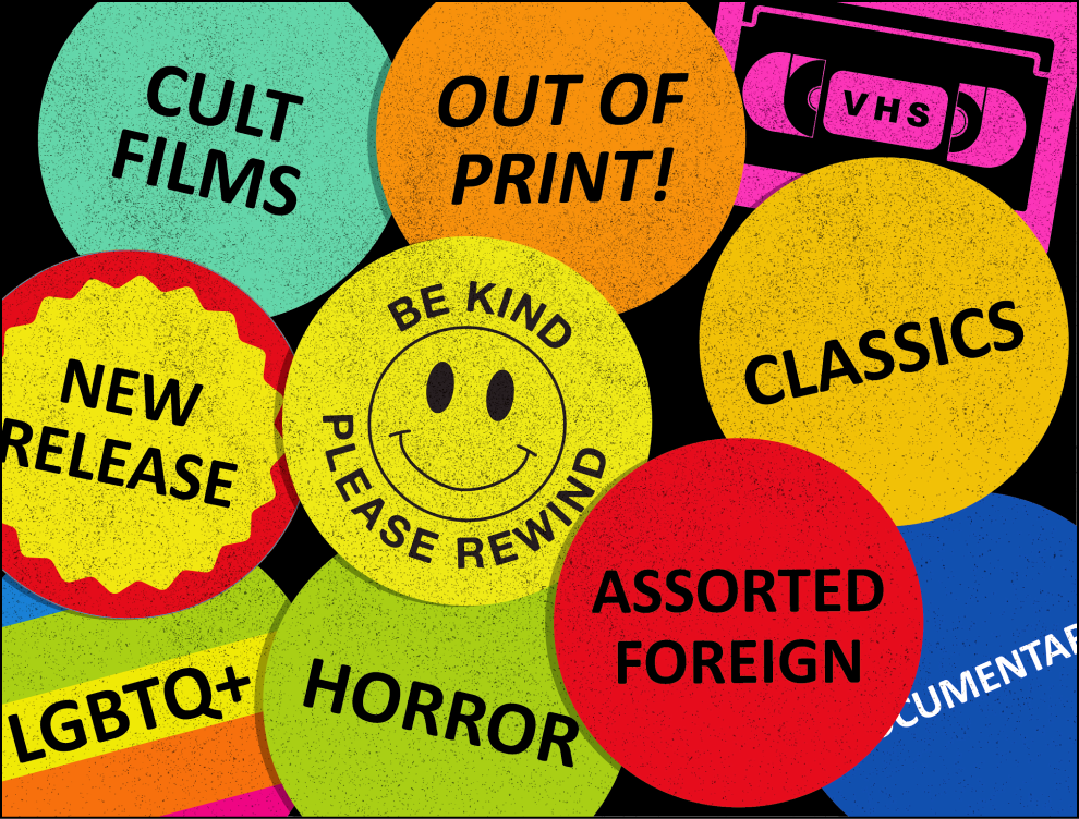 Vintage sticker collage listing the type of movies shown at Movie Madness such as cult films, new releases, classics, horror, and more